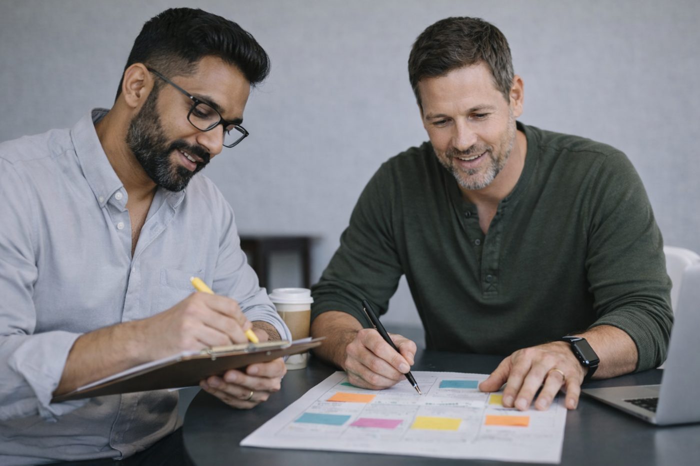 Two men planning together over a schedule with sticky notes